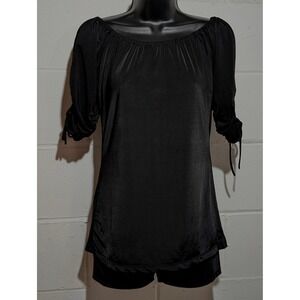 Body Central Y2K Black Off Shoulder Ruched Sleeve Top Blouse Shirt Small